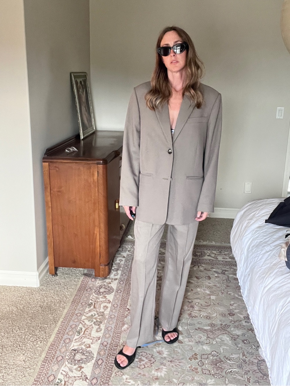 NA-KD Matching Suit Set Taupe Oversized Blazer Wide Leg Pants Quiet Luxury